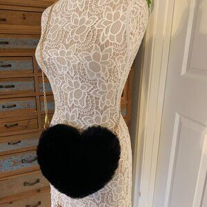 Heart Shaped Faux Fur Crossbody Bag W/Gold Chain - 70's Retro - Black- NWT